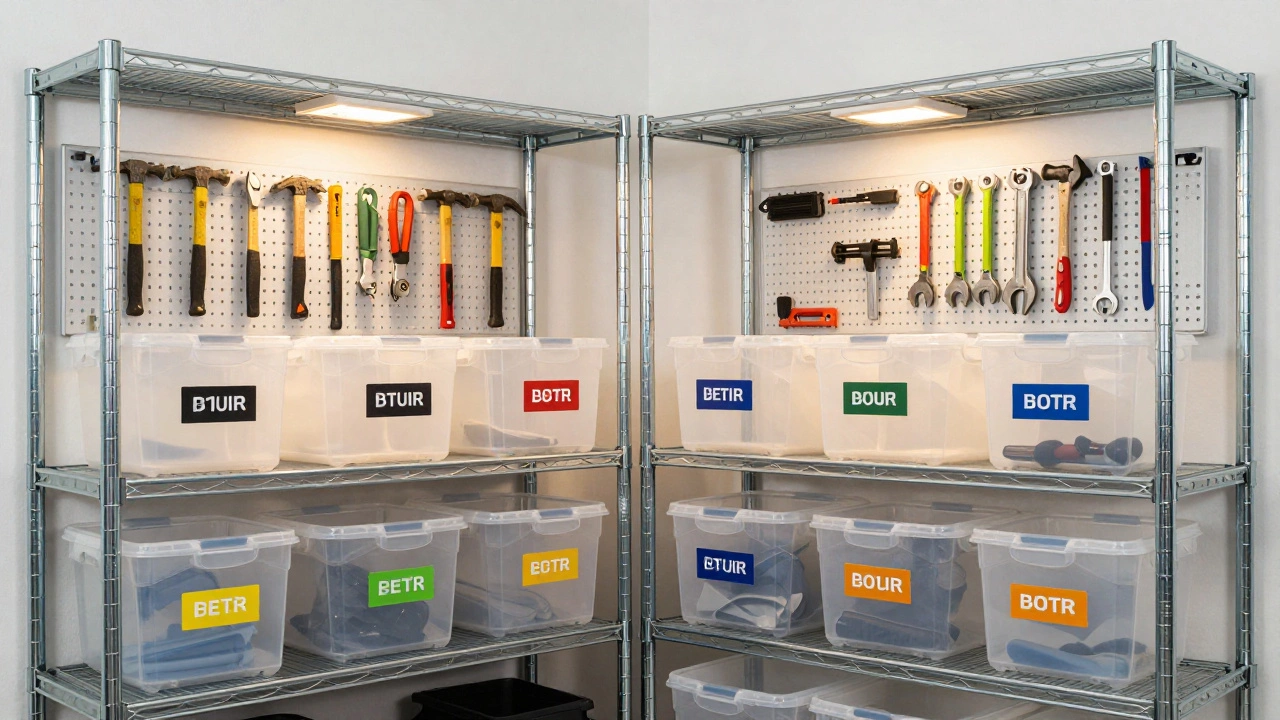 Organized storage interior with labeled bins, shelves, and wall-mounted tools