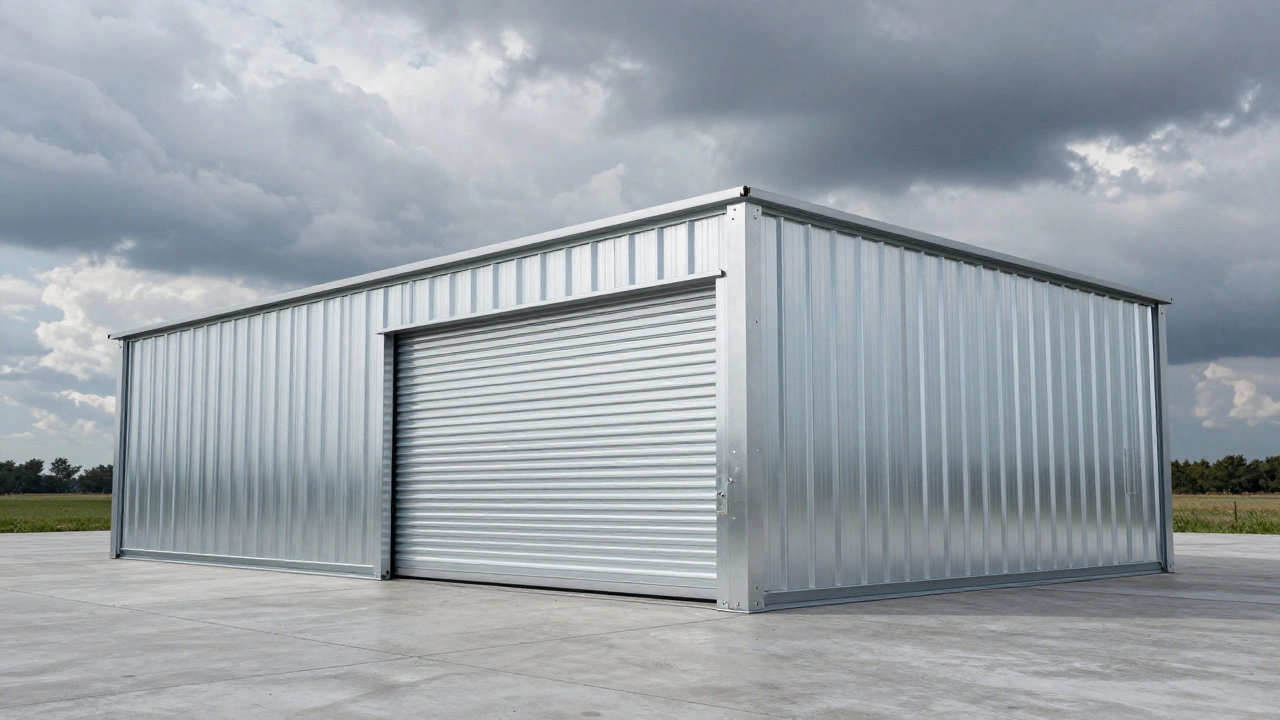 Robust modular steel storage building on a concrete base under cloudy skies