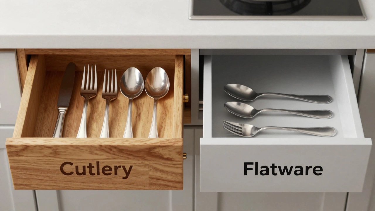 Split image showing vintage cutlery drawer vs modern flatware drawer