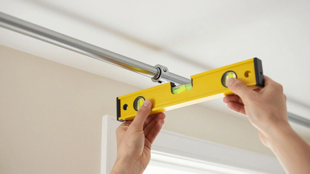Using a level to install a curtain rod high above the window frame