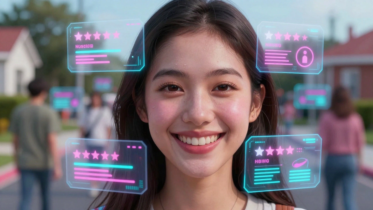 Woman's face overlaid with holographic social media ratings
