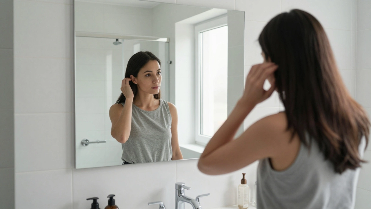 Woman checking appearance in an accurate flat bathroom mirror