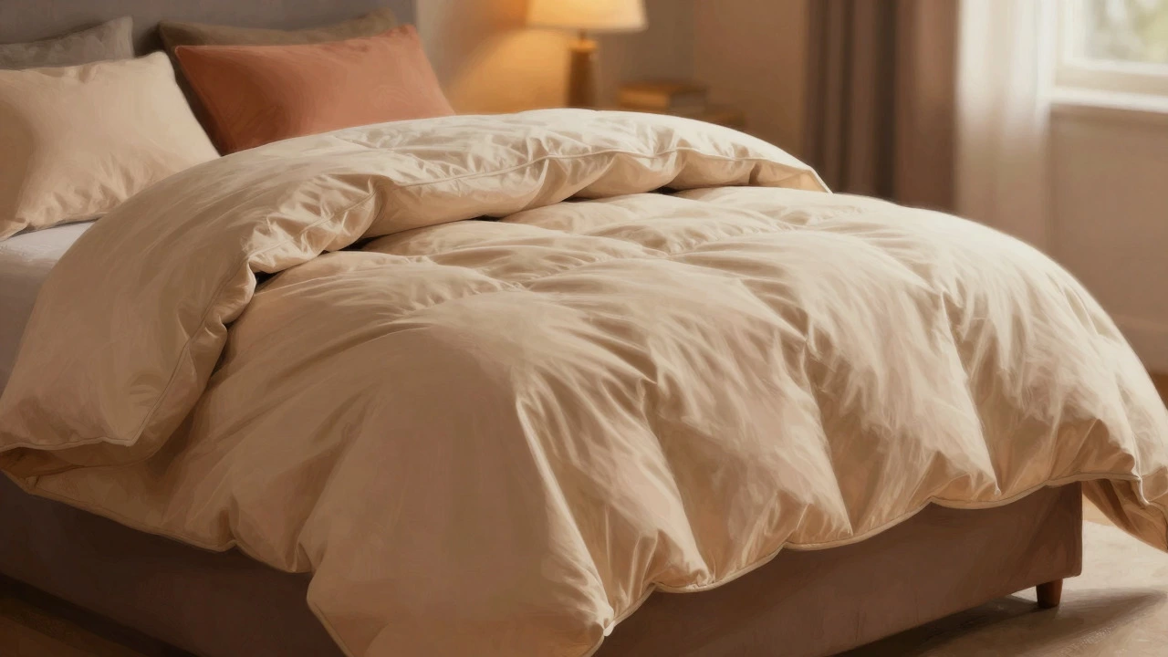 A light comforter layered with a wool throw at the foot of a bed