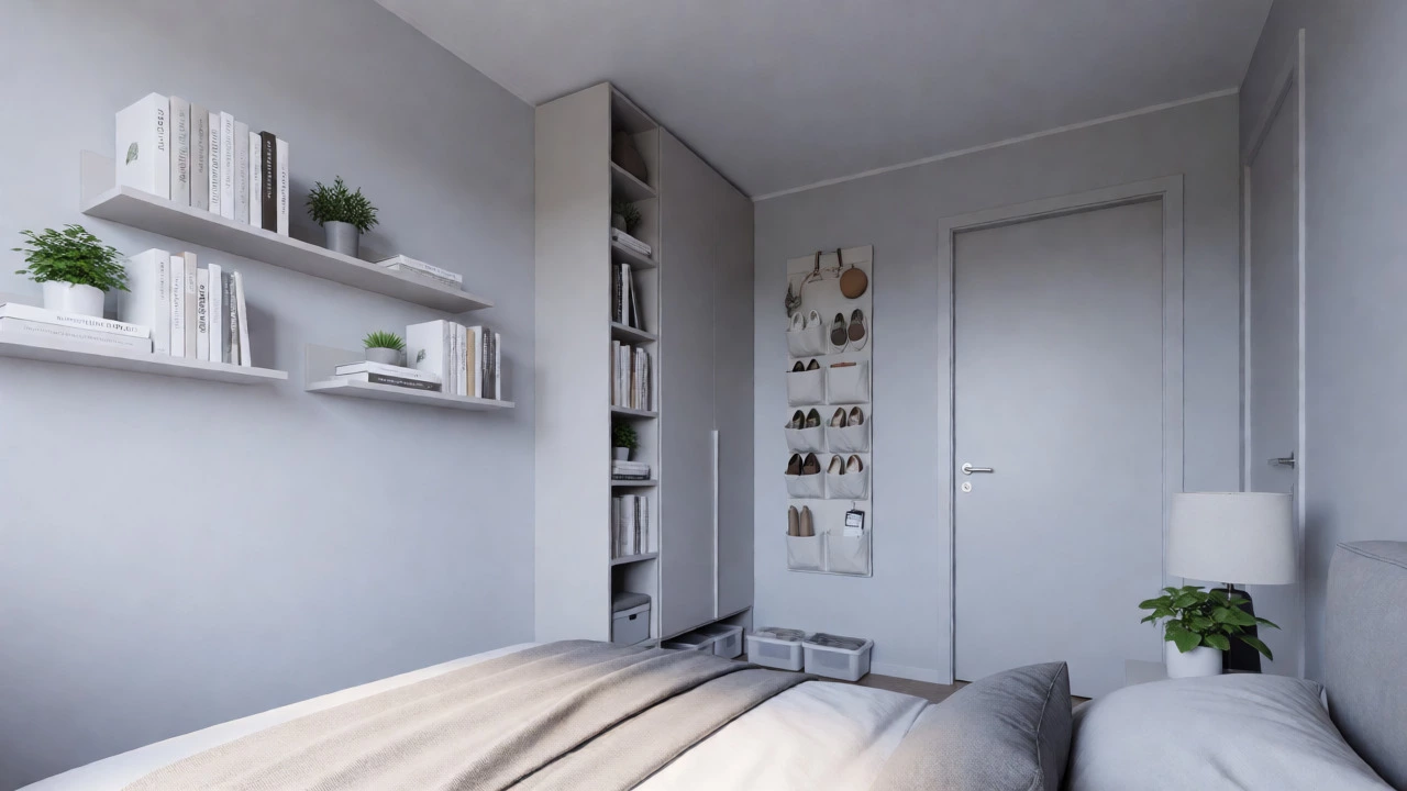 An organized bedroom featuring floating shelves and a tall narrow bookcase.
