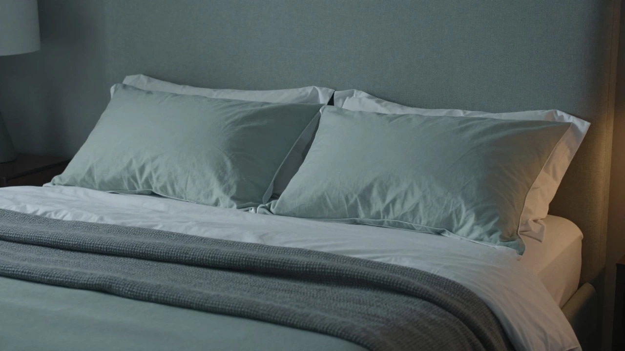 Bed with pillows, shams, and throw blanket in soft light