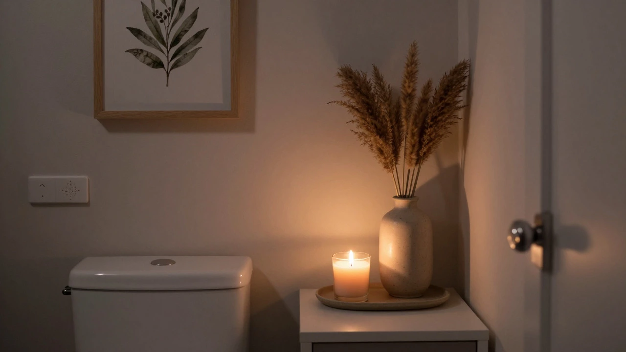 Botanical art, pampas grass vase, and lit candle in a cozy bathroom