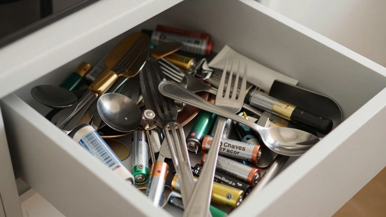 Chaotic kitchen drawer overflowing with tangled utensils and junk