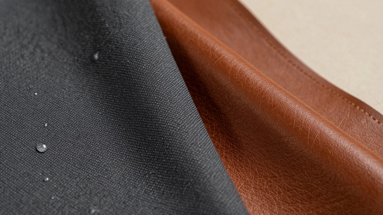 Close-up comparison of stain-resistant performance fabric and aniline leather