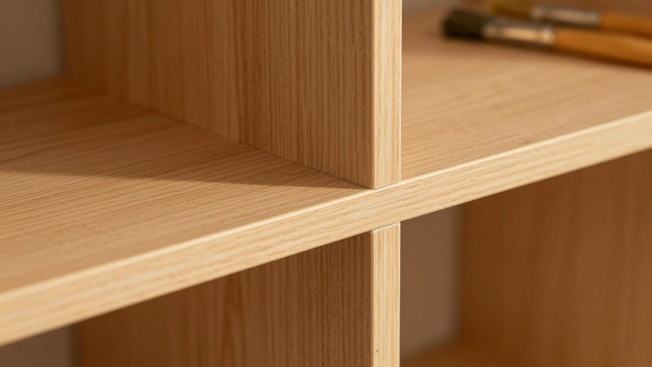 Close-up of Billy bookcase wood veneer and particleboard texture