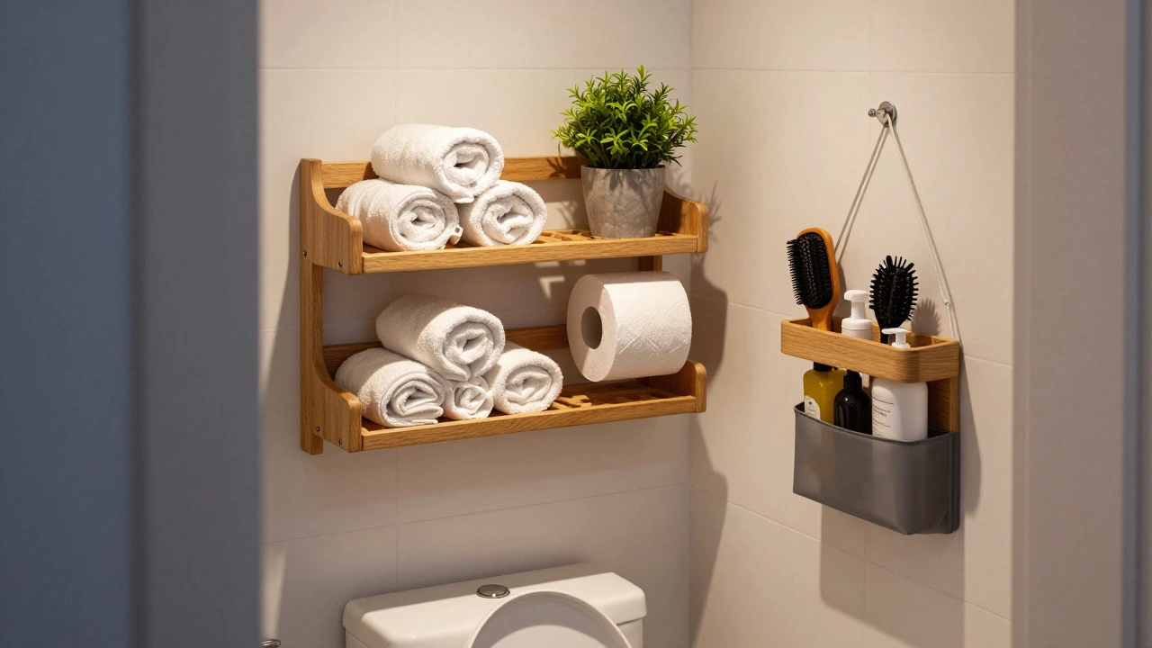 Compact bathroom with floating shelves and over-door organizers for efficient storage