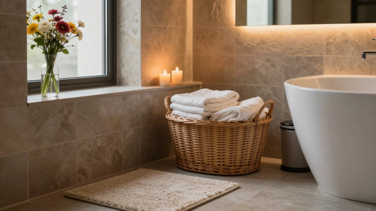 Cozy bathroom corner with plants, candles, and a wicker basket for a relaxing vibe