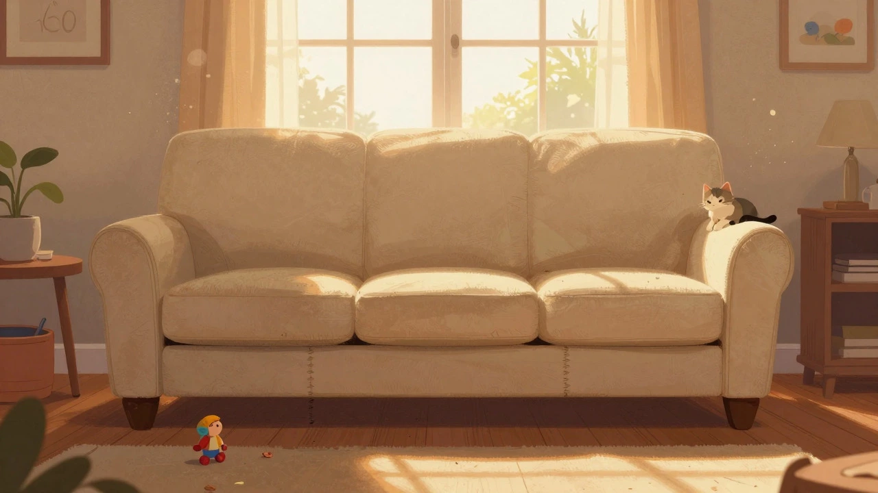 Cozy living room scene featuring a long-lasting sofa used by a family