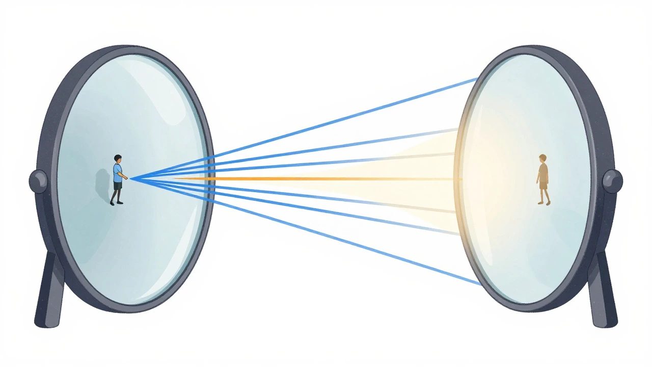 Diagram showing how convex and concave mirrors distort light and images