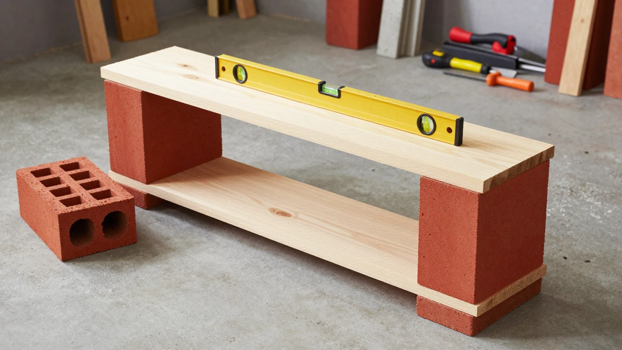 DIY cinder block and wood plank shelf under construction