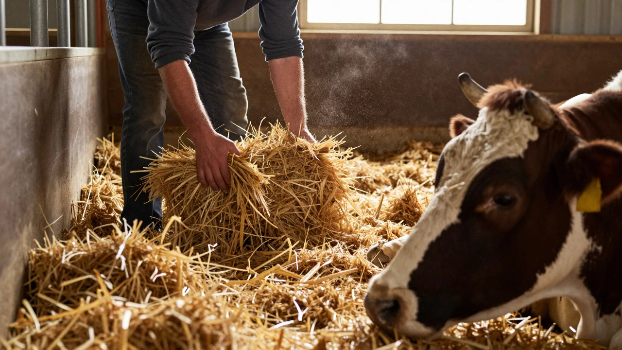 Farmer spreading fresh straw bedding on the floor of a barn for livestock
