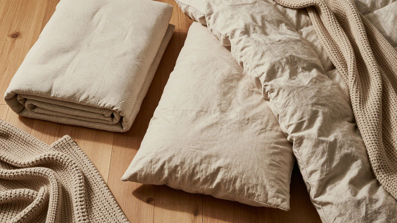 Flat lay of comforter, duvet, quilt, and throw blanket