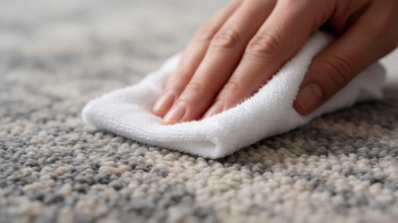 Hand blotting a red wine spill on a stain-resistant short-pile nylon rug.