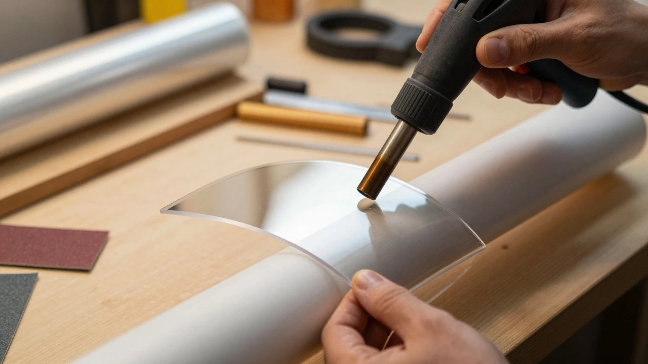 Hands bending acrylic sheet with heat gun to make a custom curved mirror