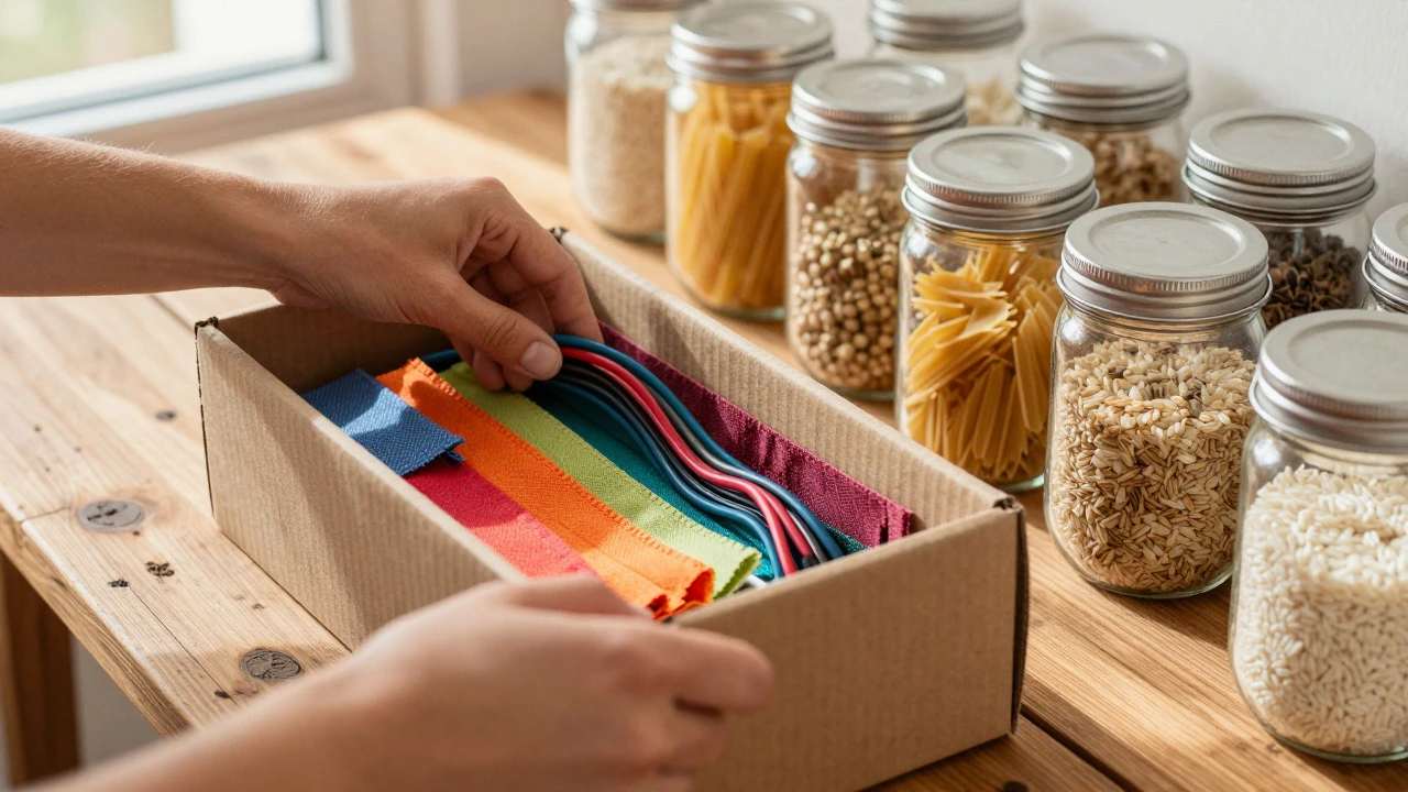 Hands decorating shoeboxes and filling mason jars for organization