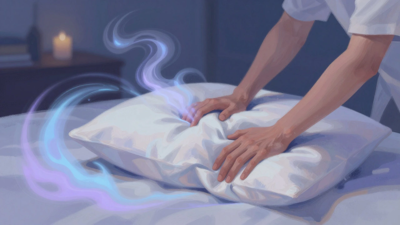 Hands smoothing sheets and fluffing pillows in a serene, artistic bedroom scene