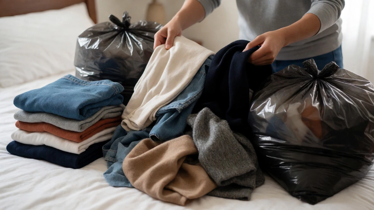 Hands sorting through a pile of clothes on a bed into keep and donate stacks.