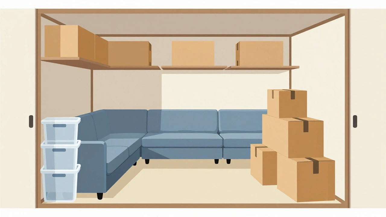 Illustration of an organized storage unit with a disassembled sofa and stacked boxes
