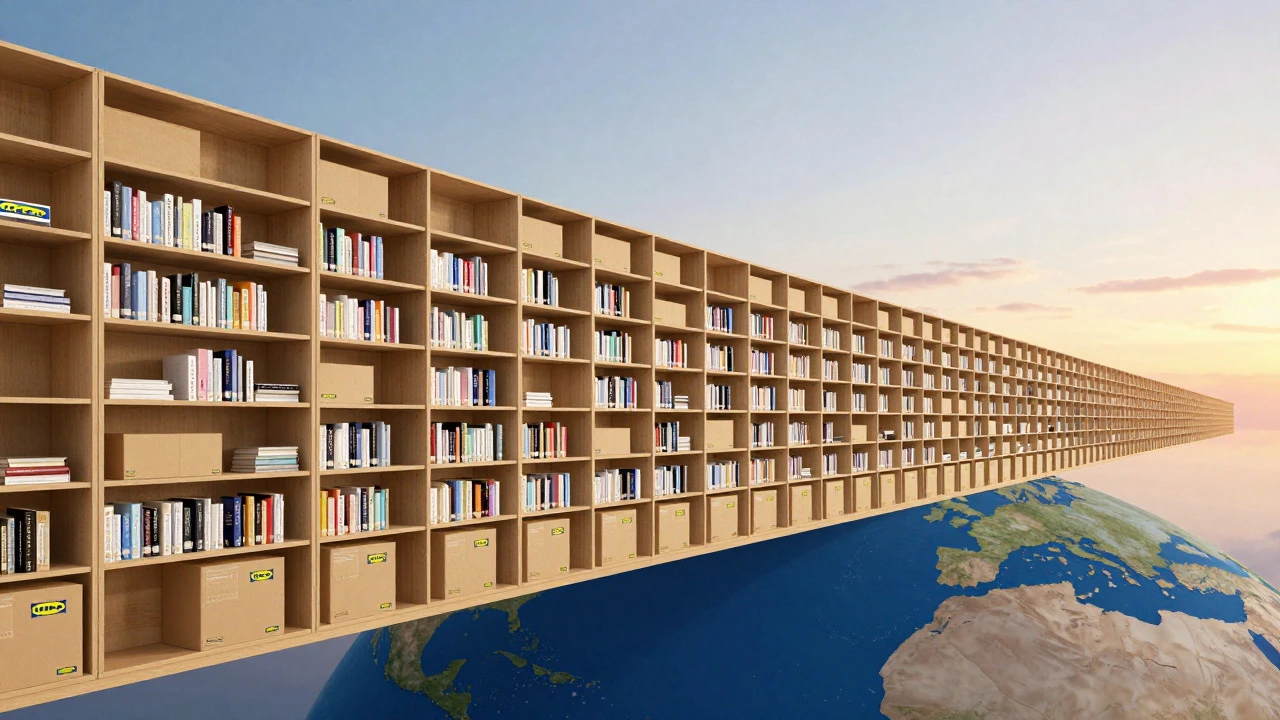 Infinite line of Billy bookcase boxes wrapping around Earth