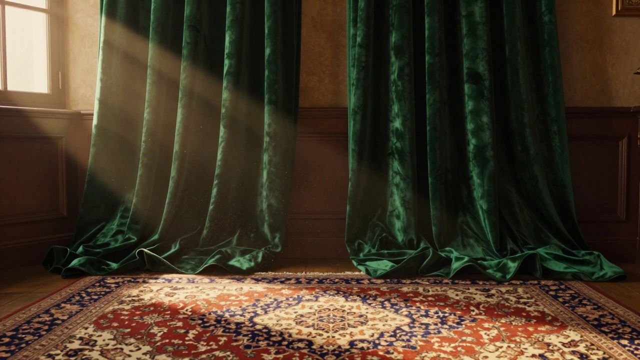 Luxurious green velvet curtains pooling on a rug in a formal dining room