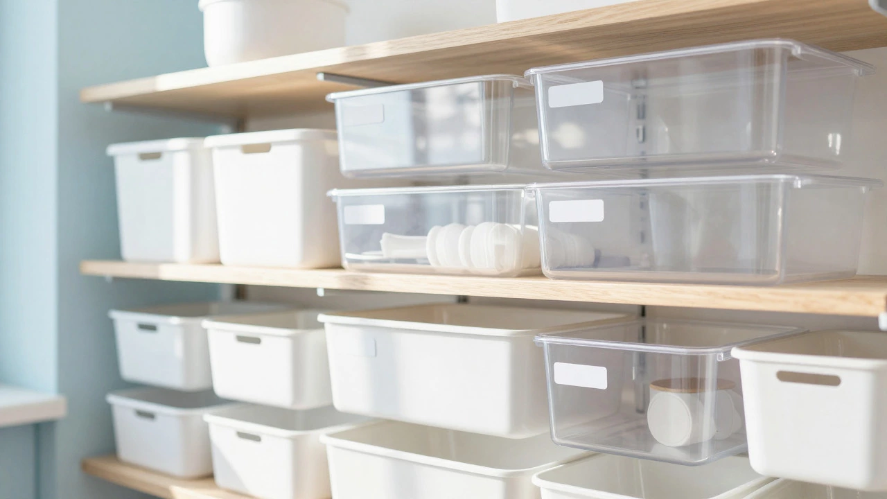 Organized shelves with uniform containers creating a calm, tidy space
