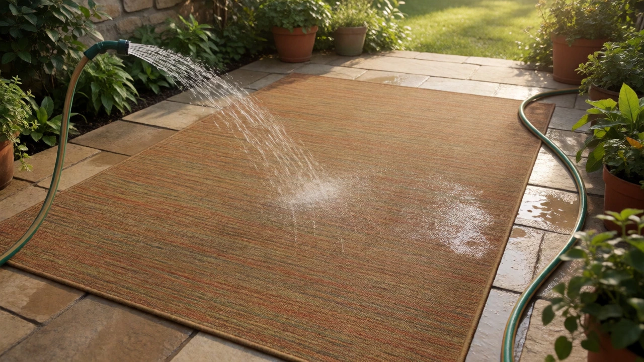Outdoor polypropylene rug being rinsed clean with a garden hose on a patio.