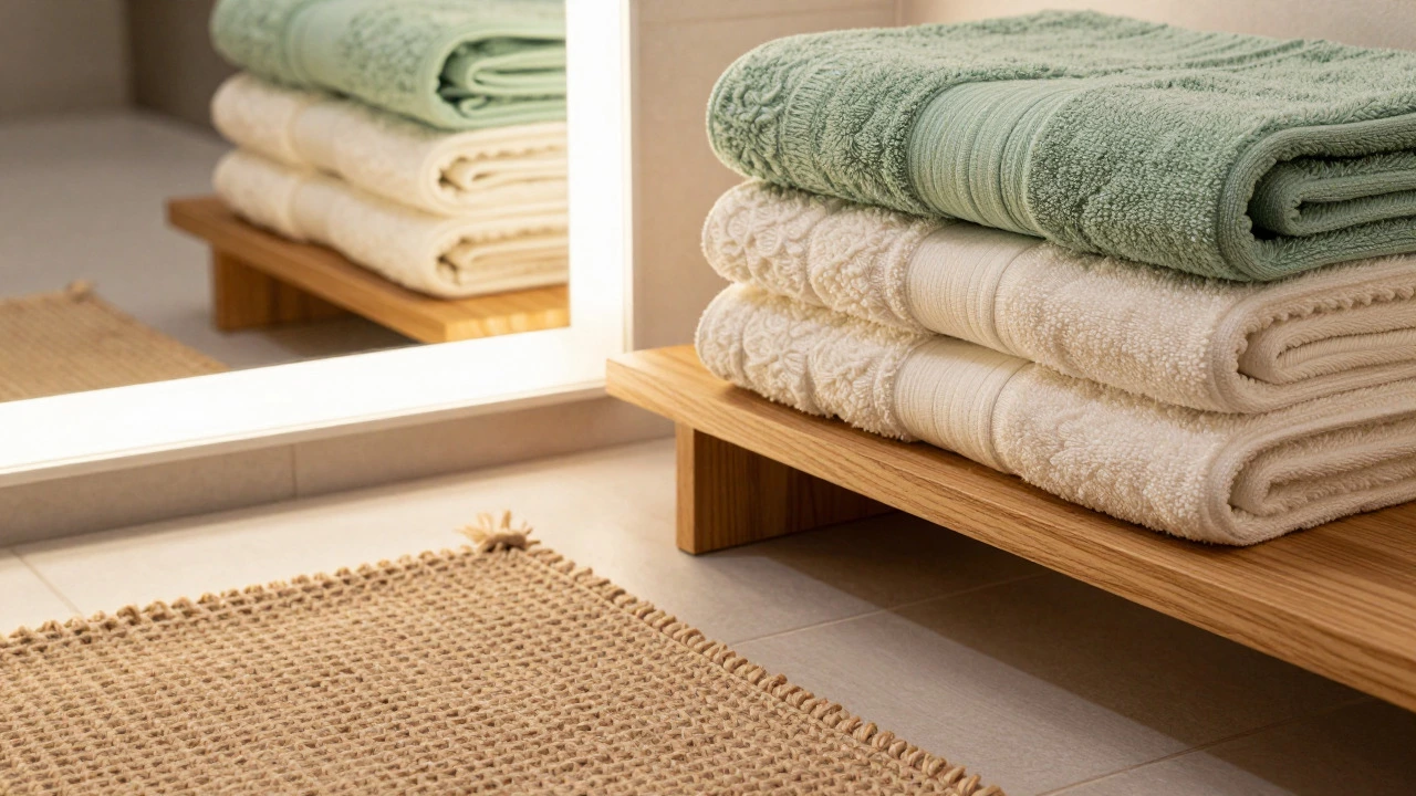 Stack of cotton towels and jute rug under warm LED lighting