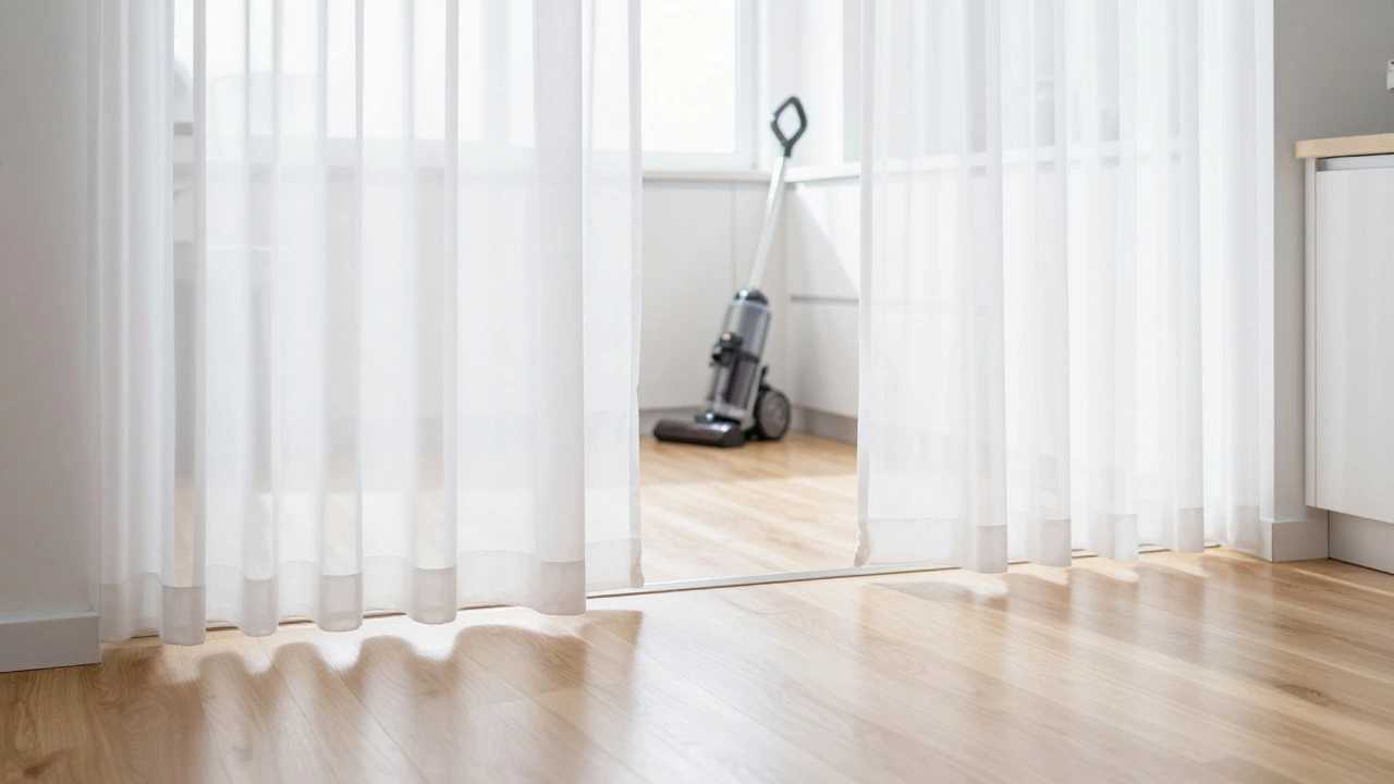 White floating curtains hovering above hardwood floors in a bright kitchen