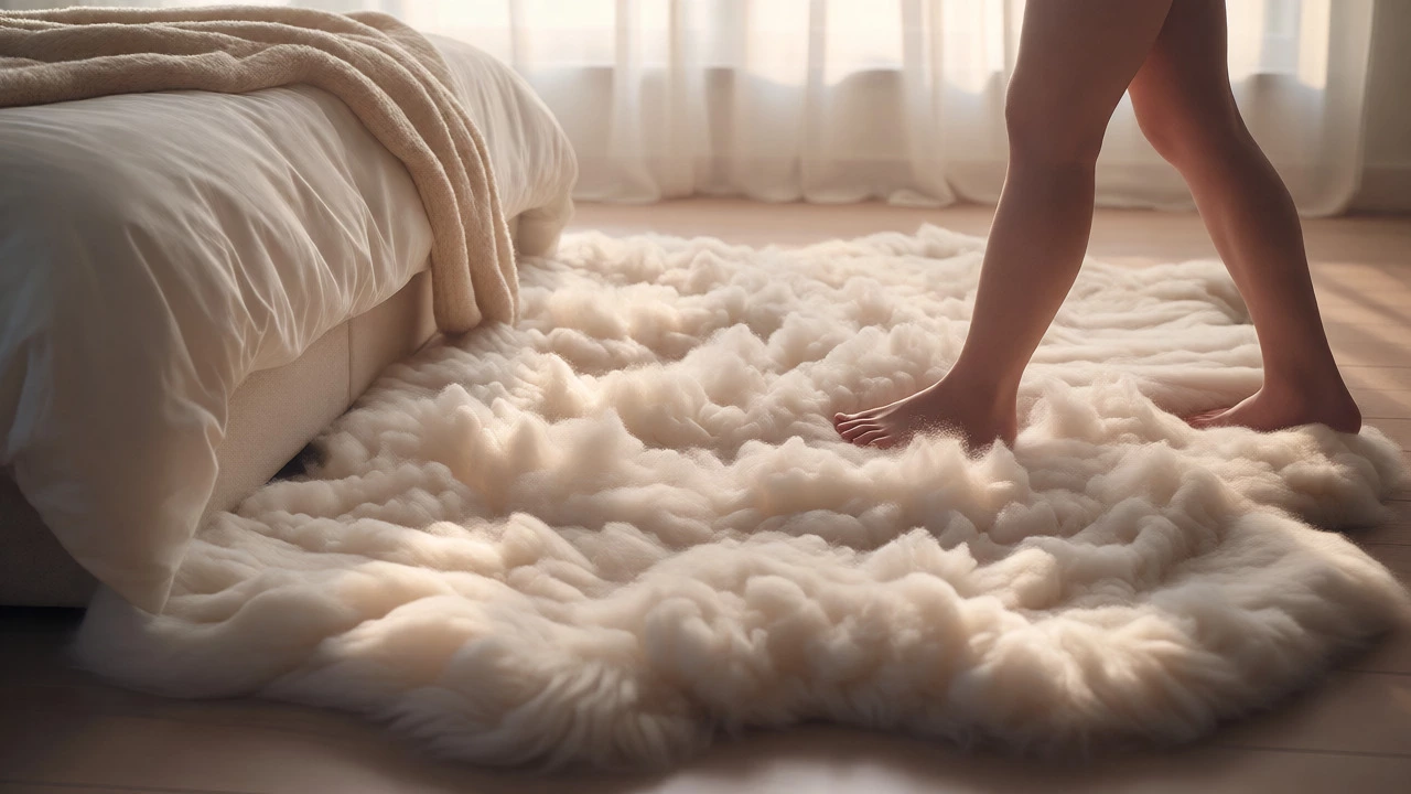 Bare feet stepping onto a soft, cloud-like cashmere rug in a bright bedroom.