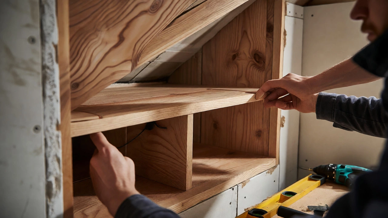 Carpenter installing custom built-in shelving in an attic alcove