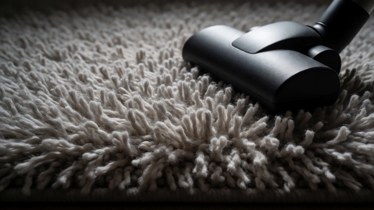 Close-up of shaggy microfiber rug trapping dust beneath a vacuum cleaner nozzle.
