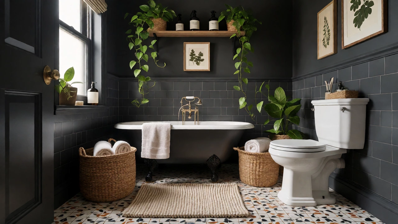 Cozy bathroom with clawfoot tub, plants, and floating shelves