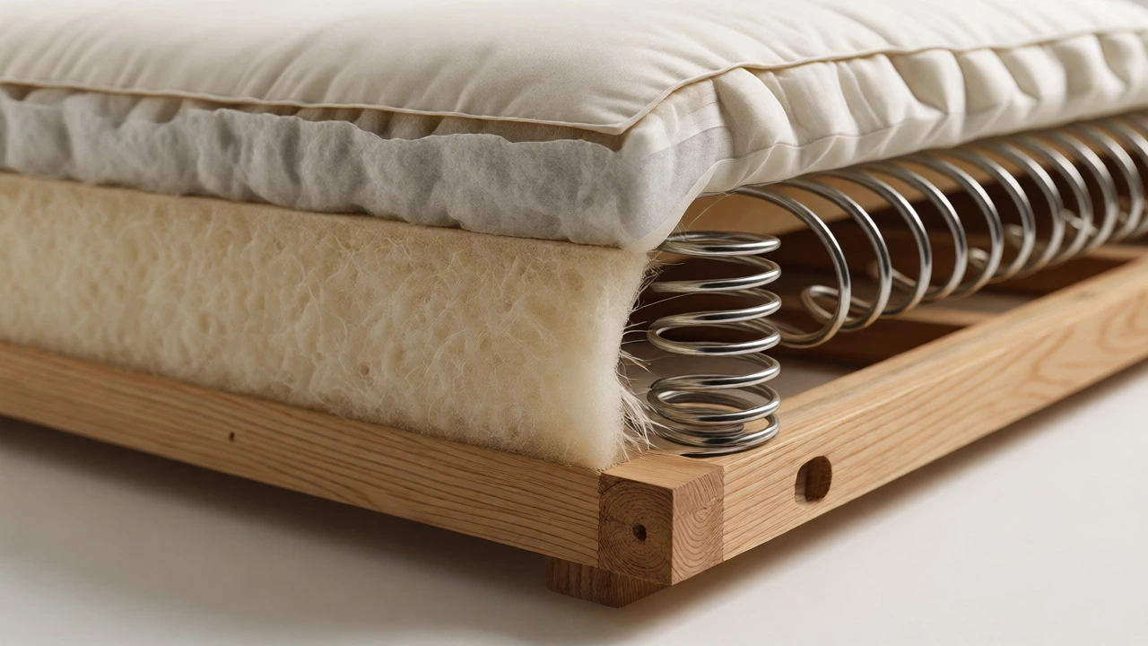 Cross-section view of high-density foam cushions, springs, and hardwood frame.