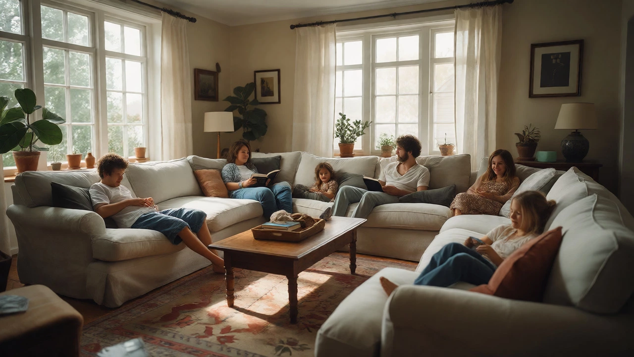 Family relaxing comfortably on a sectional sofa in a bright, modern living room.