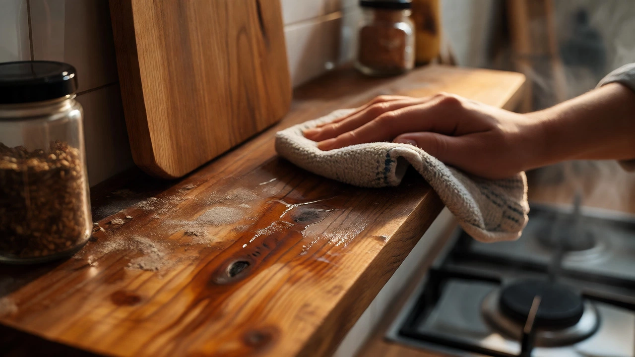 Hand wiping dust and grease from a wooden kitchen shelf