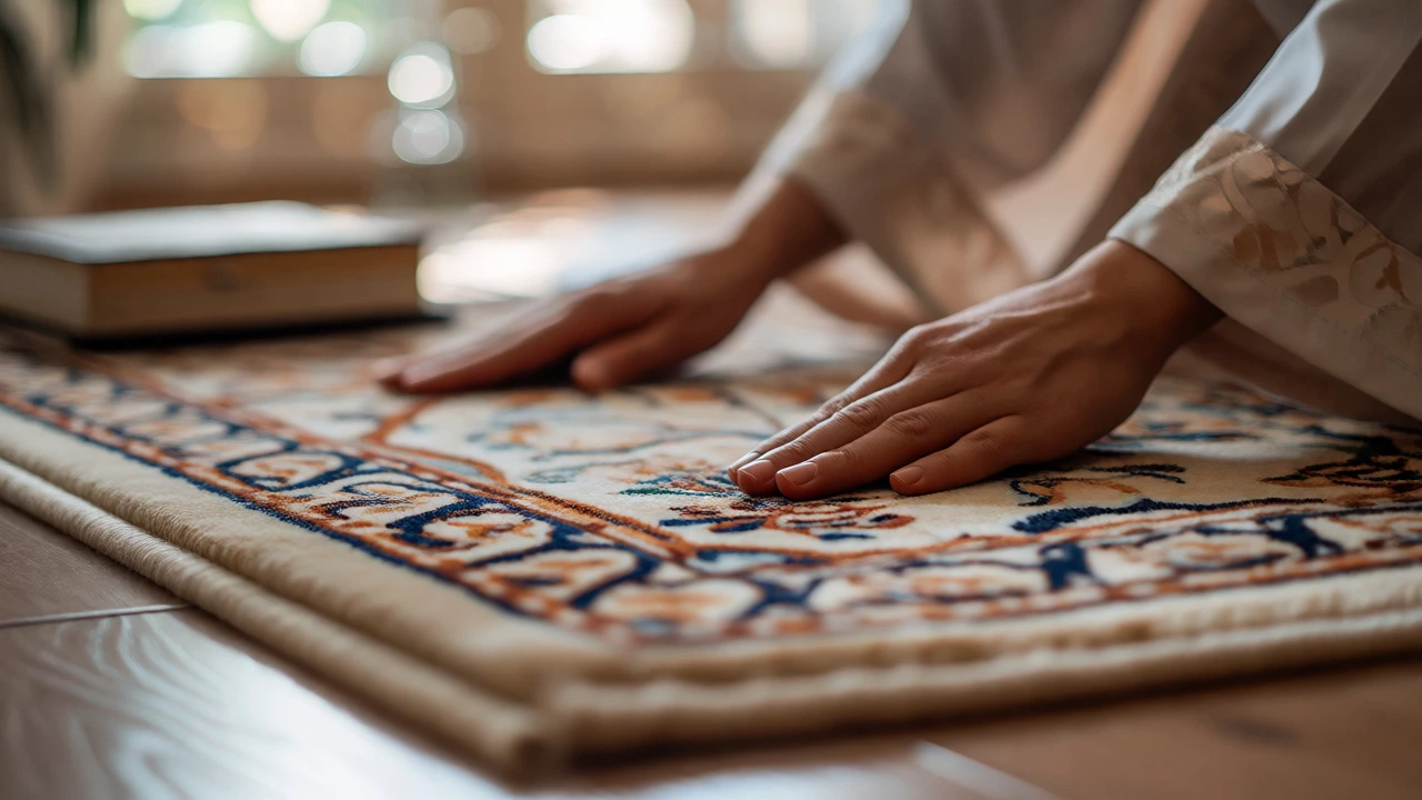 Hands arranging a clean, floral-patterned rug near books and journals
