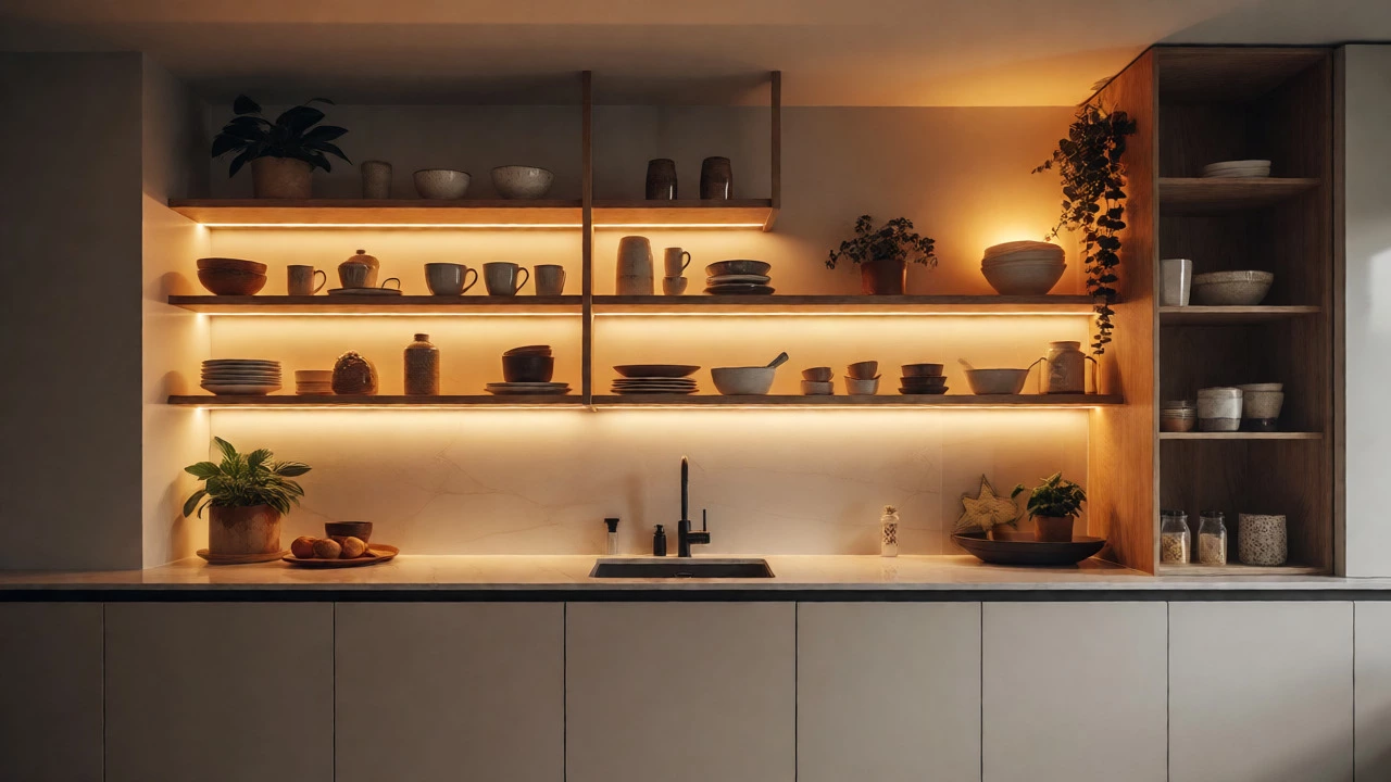 Hybrid kitchen with lit open shelves and greenery