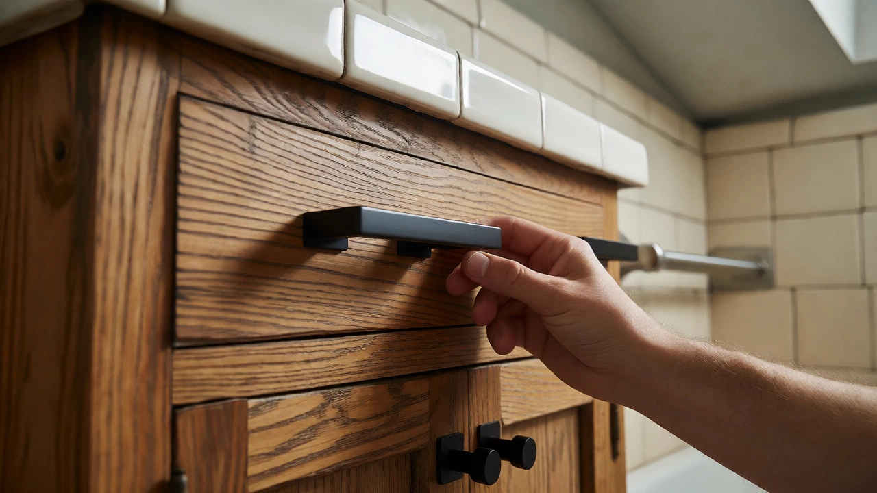Installing matte black hardware on vintage wooden vanity cabinets