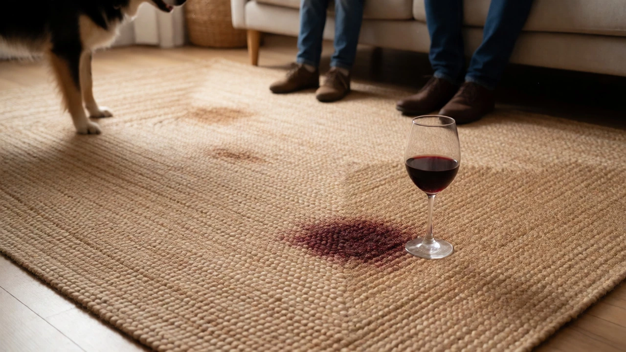 Jute rug in a living room stained by spilled wine and water droplets from a dog.