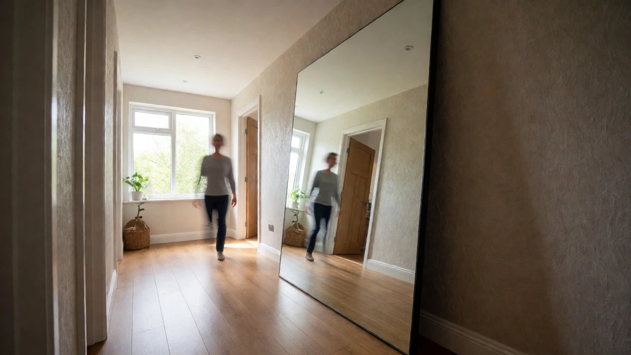 Large thick glass leaning mirror in a hallway reflecting a person without distortion.
