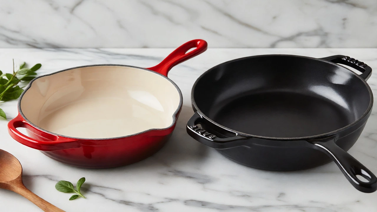 Le Creuset and Staub enameled skillets displayed side-by-side on a marble counter.