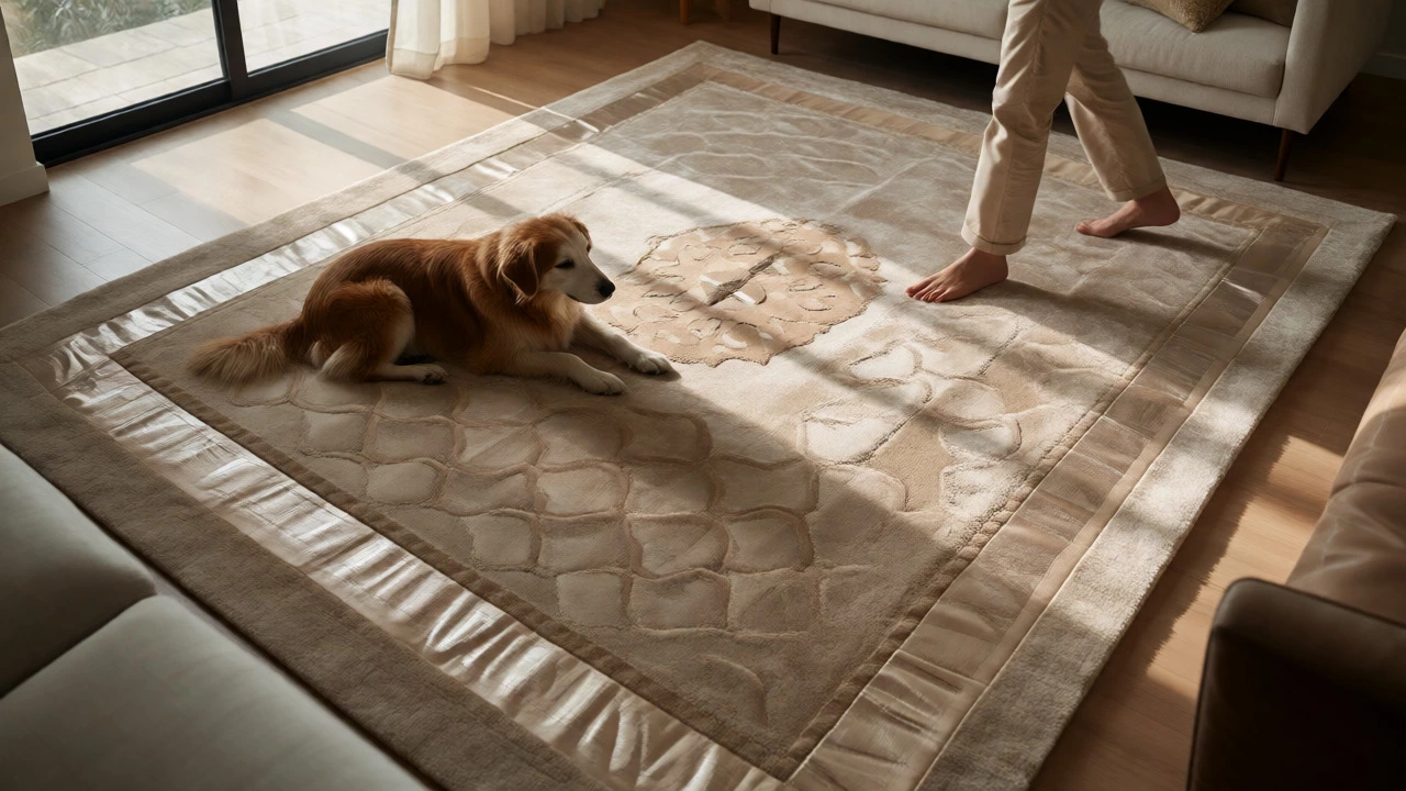 Living room with a silk-wool blend rug featuring shiny highlights and wool texture.