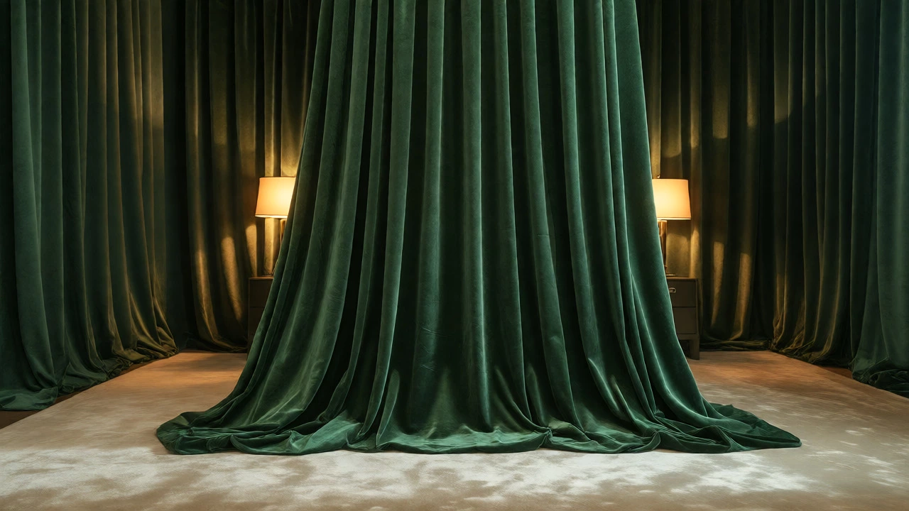 Luxurious green velvet puddled curtains pooling on a cream rug in a high-ceilinged room.