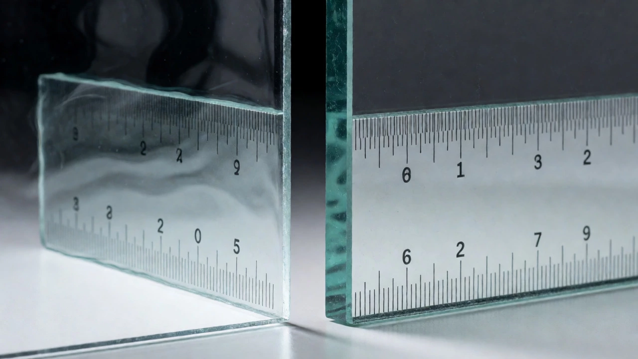 Macro comparison of thin wavy glass versus thick rigid glass reflecting a straight ruler.