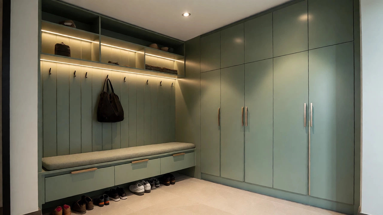 Modern entryway with sleek floor-to-ceiling built-in storage cabinets