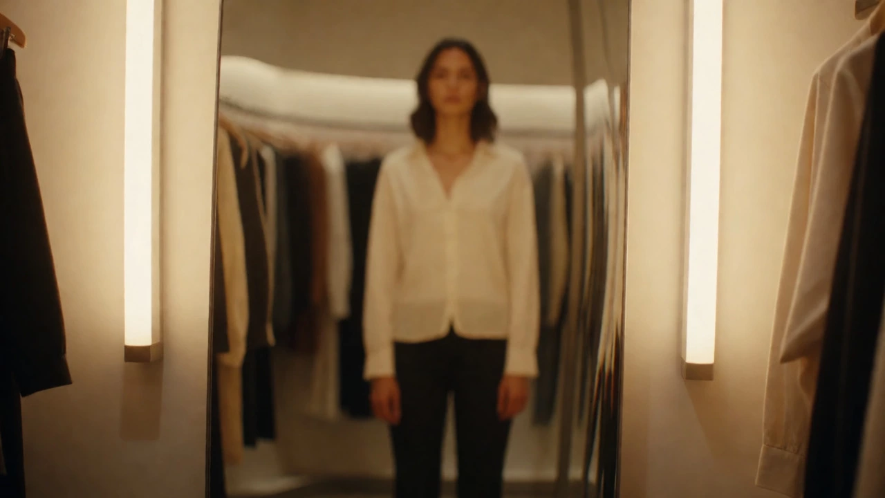 Person reflected in a curved dressing room mirror appearing taller with warm flattering lights.